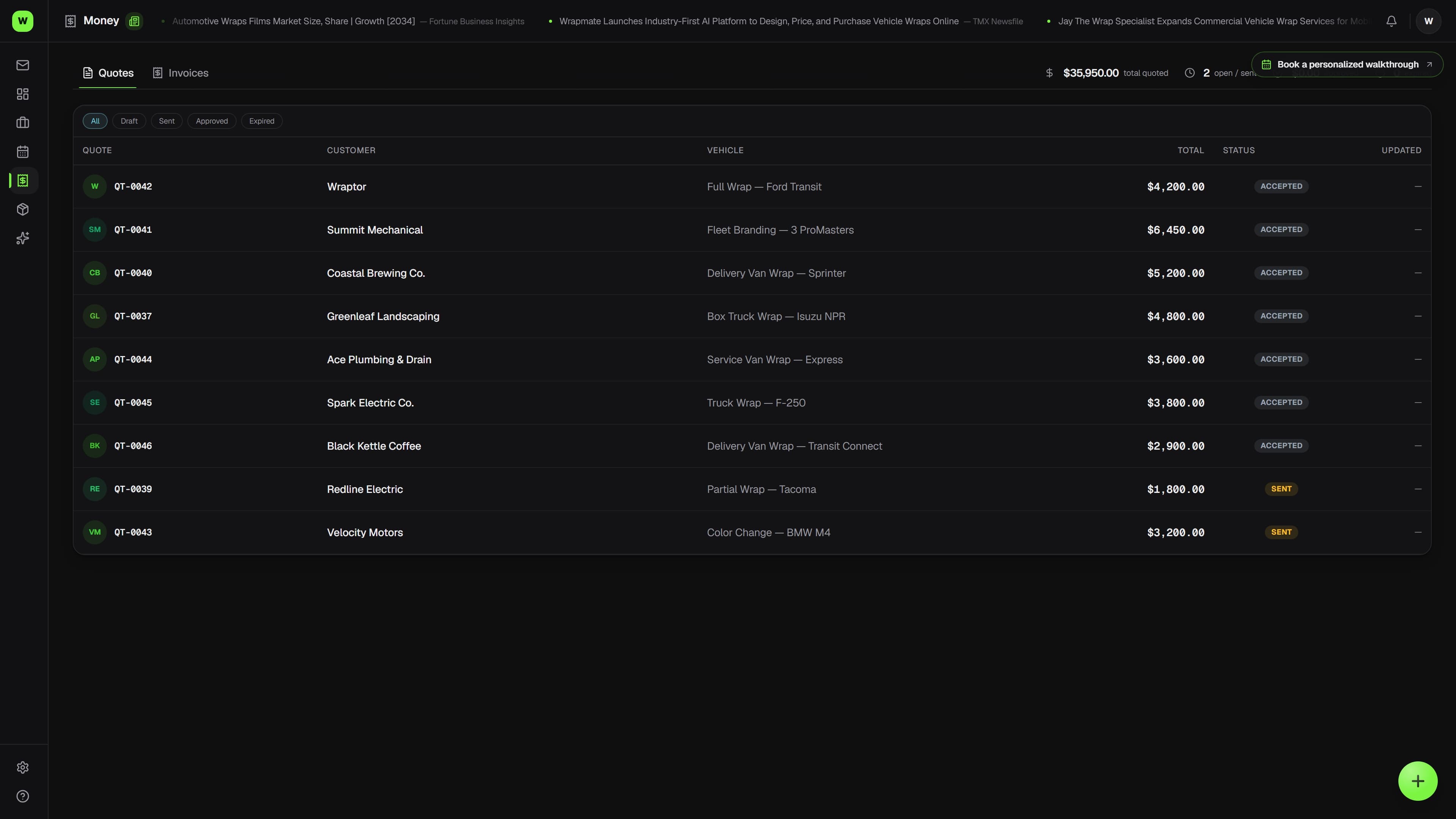 Wraptor quote builder with itemized materials, labor, tax, and an approve button (dark mode)