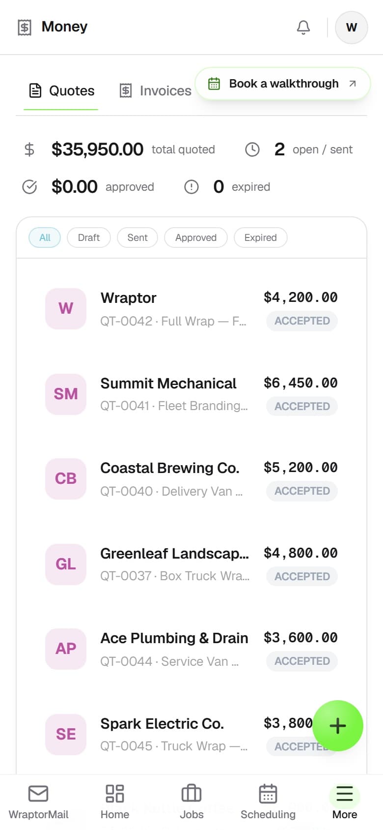 Wraptor invoicing screen showing a one-click invoice with payment link and balance summary (mobile)
