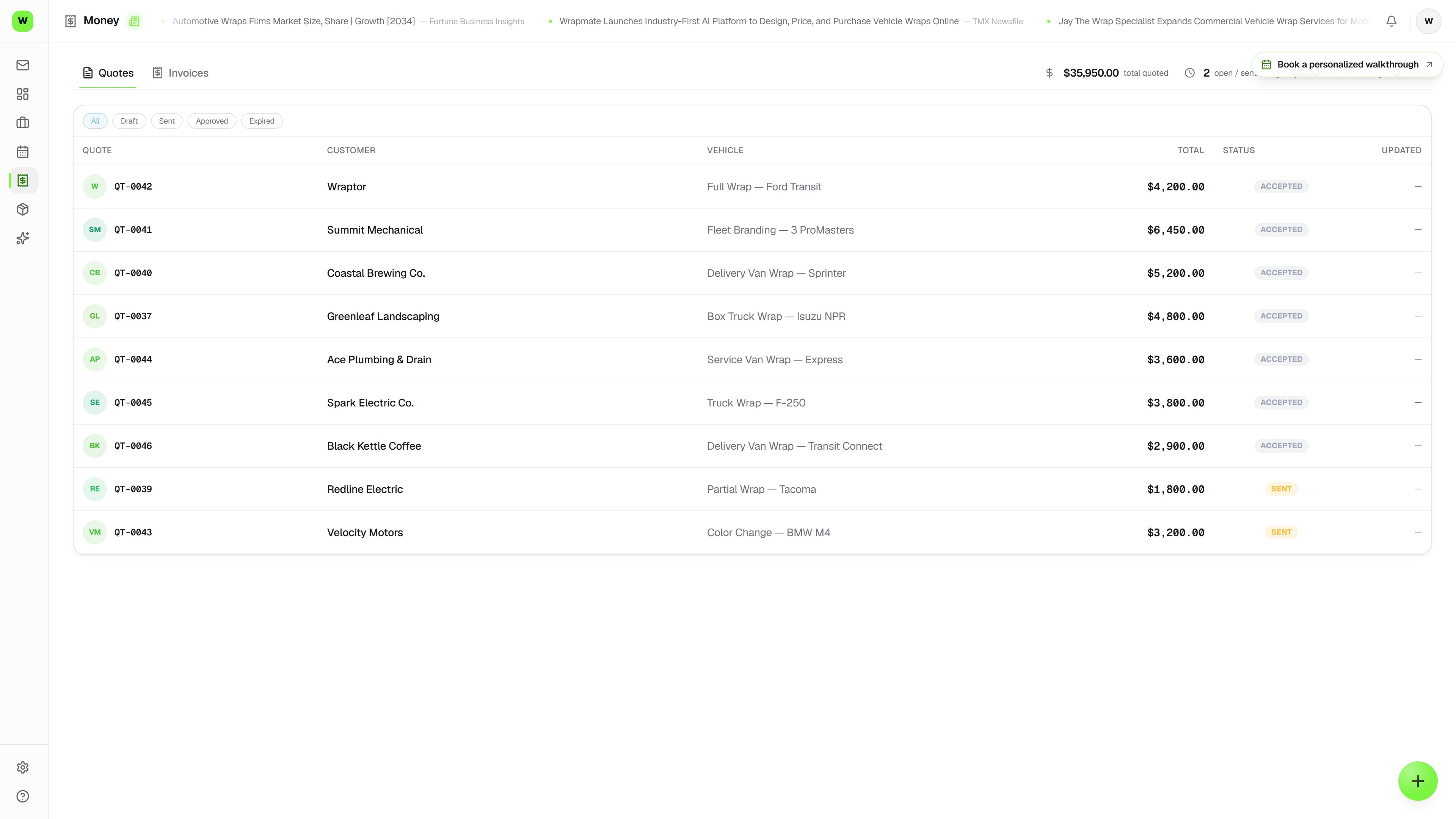 Accepted Wraptor quotes with totals, ready to invoice