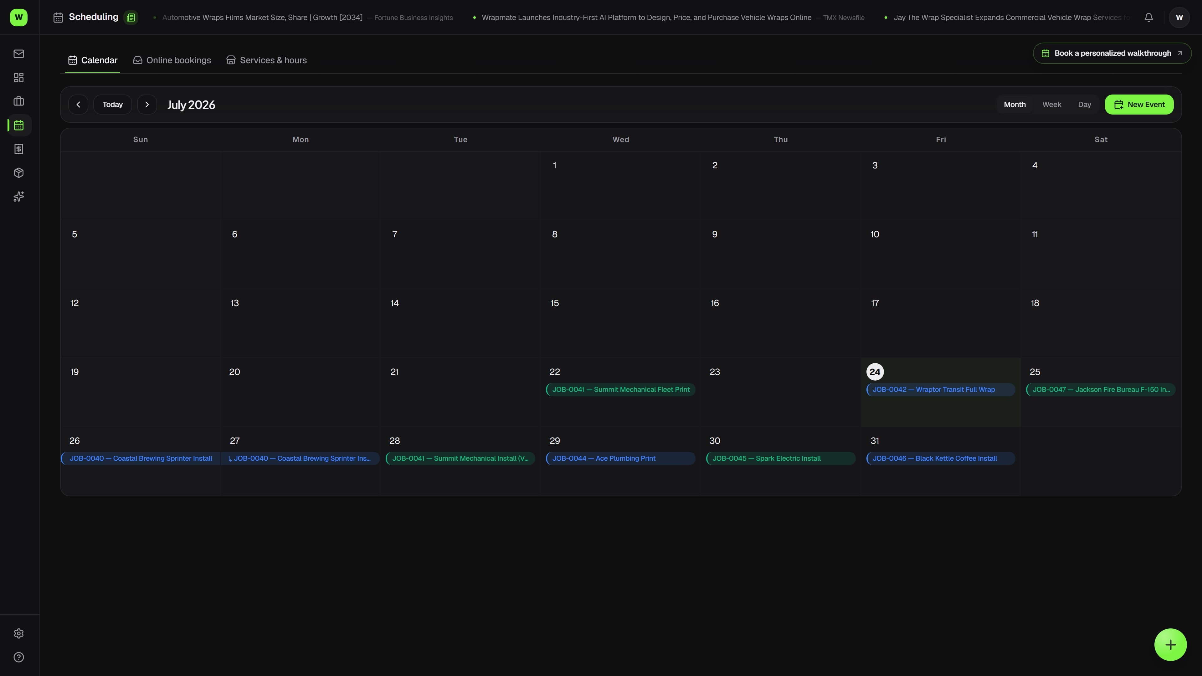 Wraptor install calendar showing bay lanes and installer assignments for the week (dark mode)
