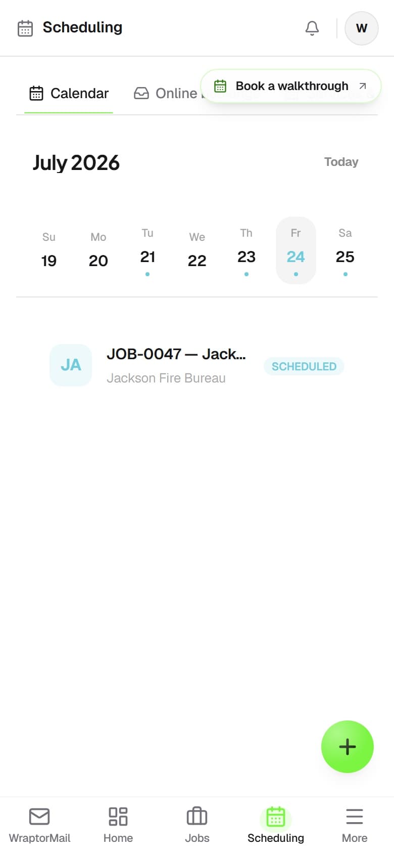 Wraptor install calendar showing bay lanes and installer assignments for the week (mobile)