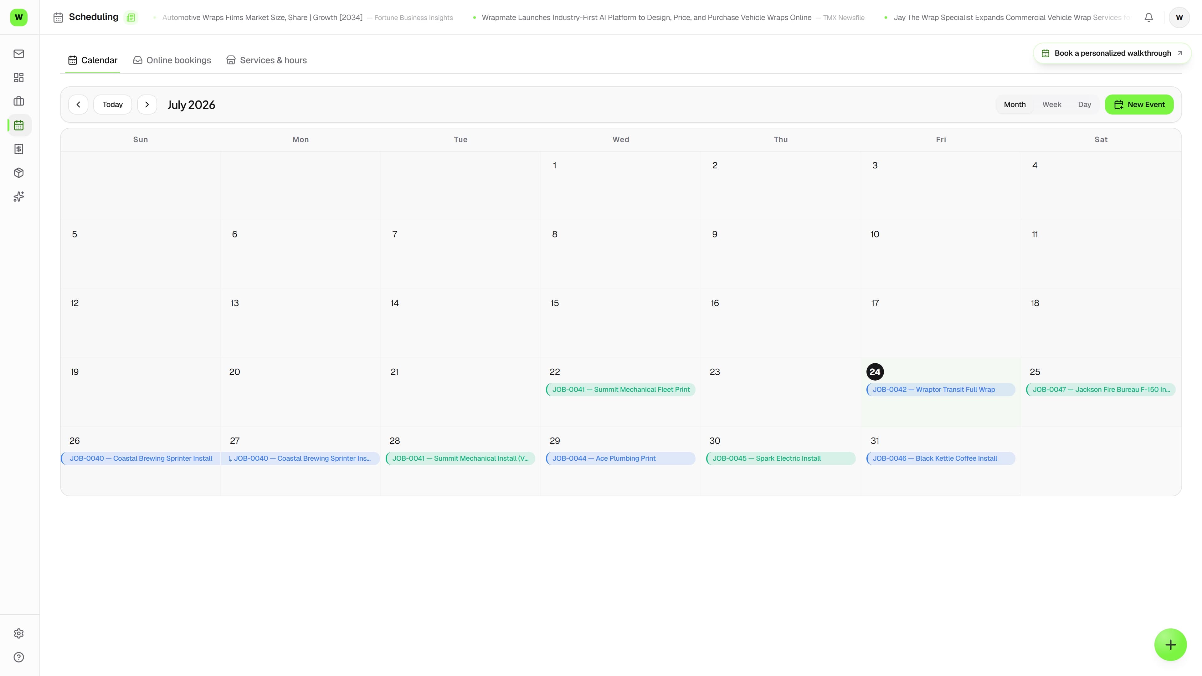 Wraptor install calendar showing bay lanes and installer assignments for the week