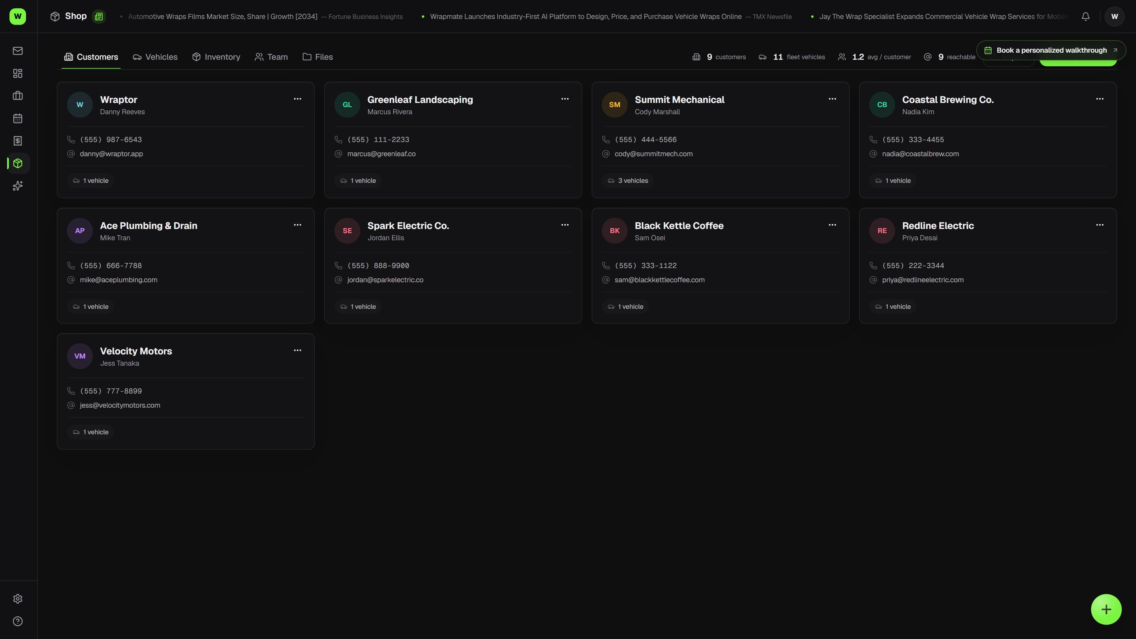 Wraptor CRM showing a customer profile with vehicle list, job history, and communication log (dark mode)
