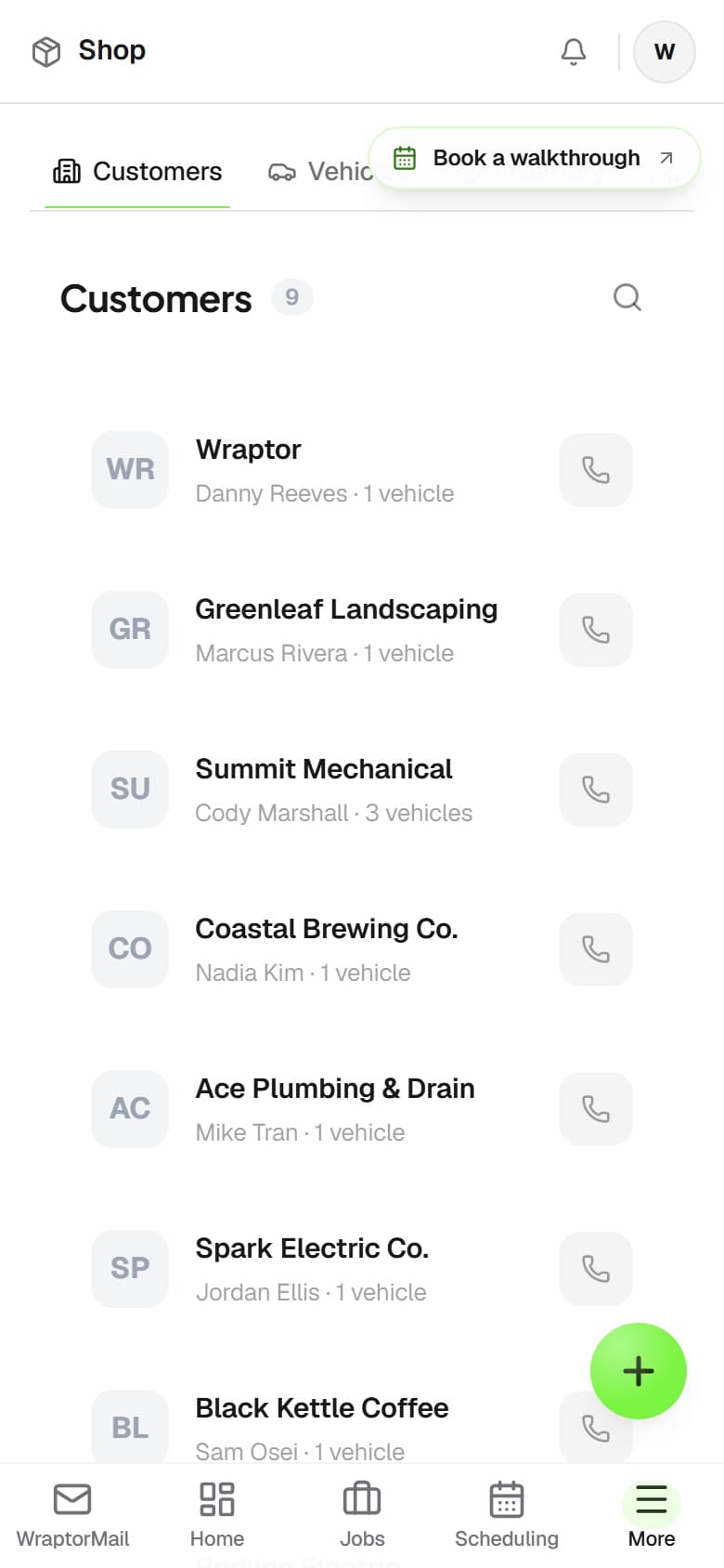 Wraptor fleet dashboard showing vehicle list with wrap status, completion percentage, and scheduled installs (mobile)
