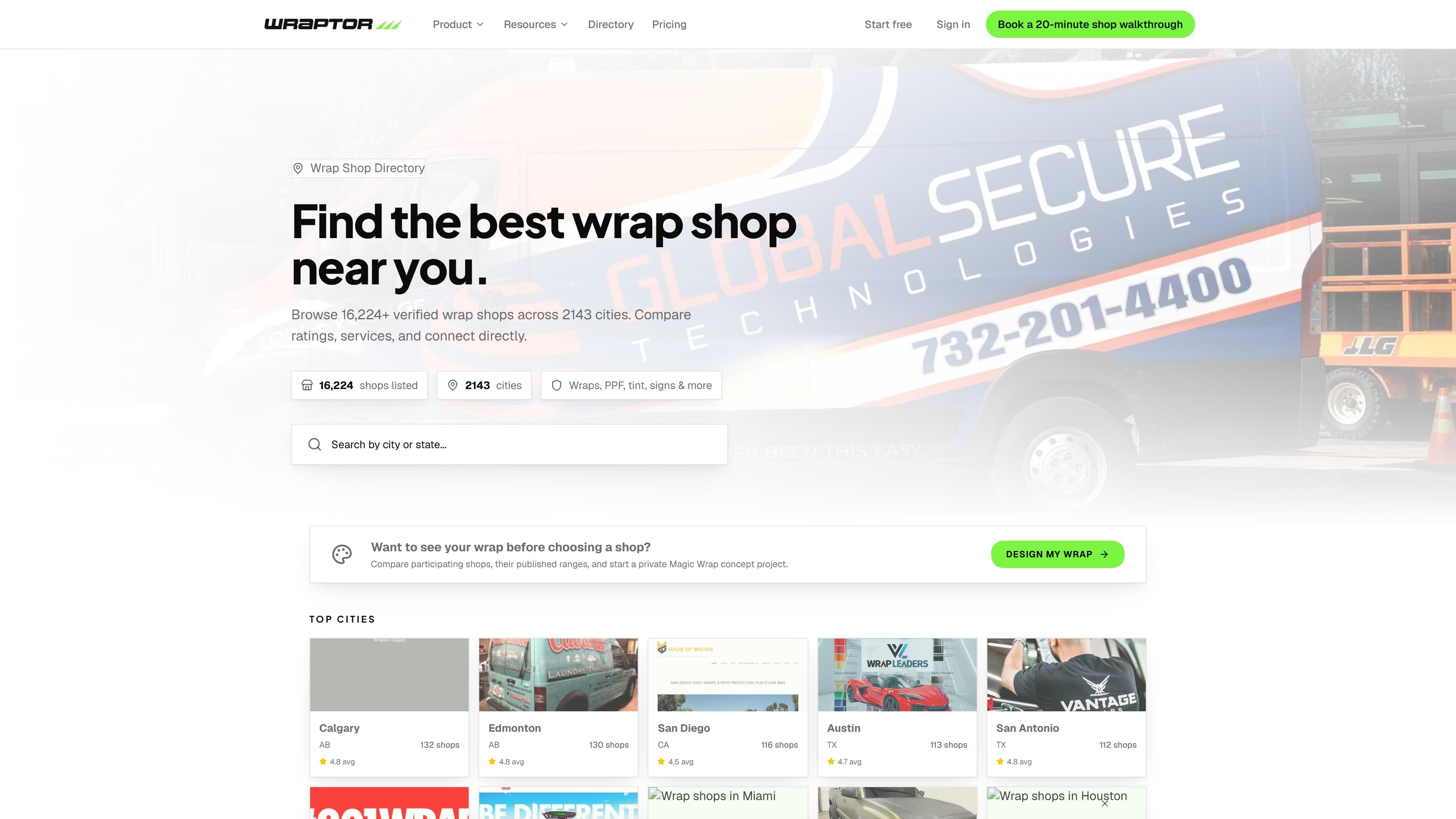 The Wraptor shop directory homepage with search, listed-shop and city stats, and top cities