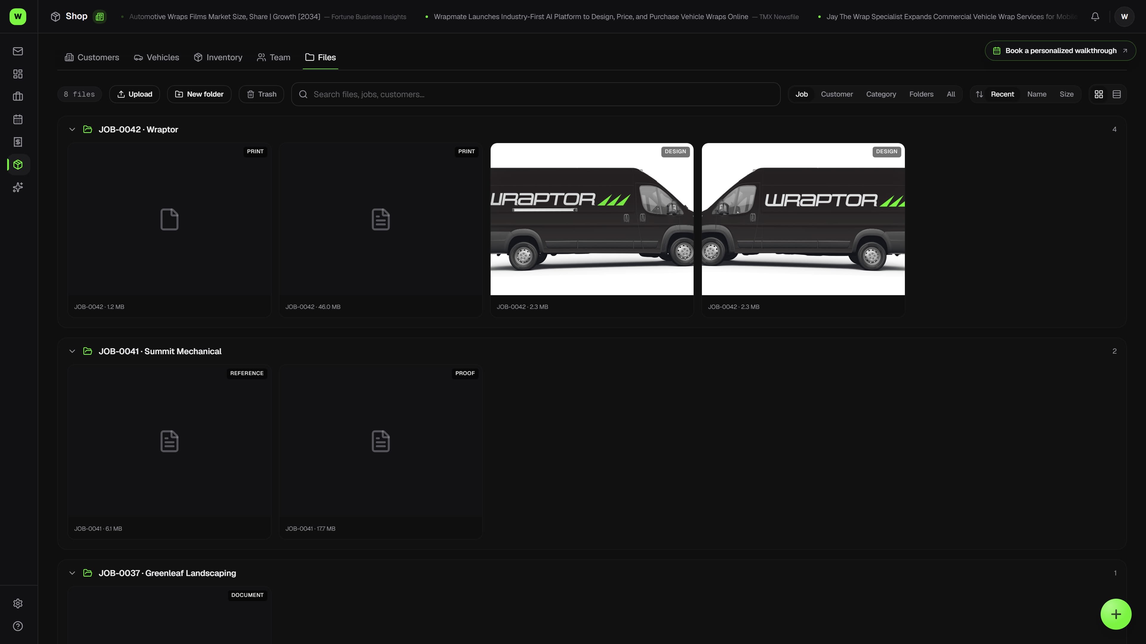 Wraptor Files browser listing files across jobs with type icons, customer, job number, and search (dark mode)