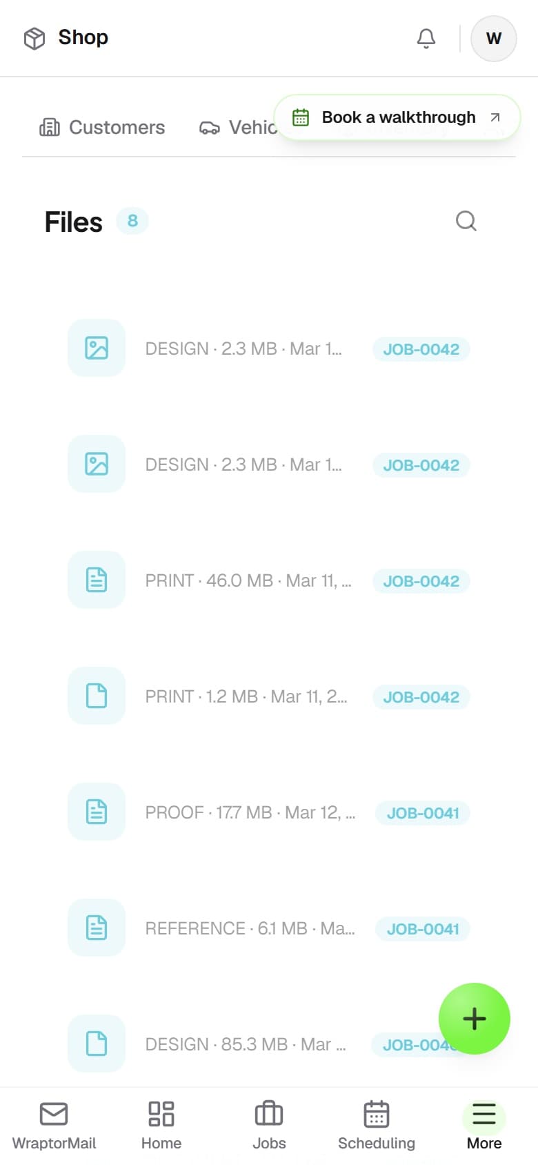 Wraptor Files browser listing files across jobs with type icons, customer, job number, and search (mobile)