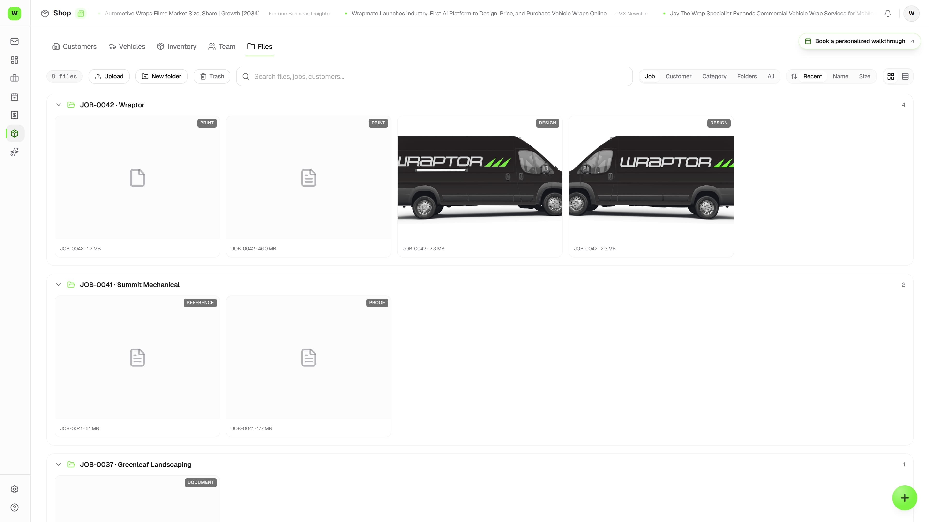 Wraptor Files browser listing files across jobs with type icons, customer, job number, and search