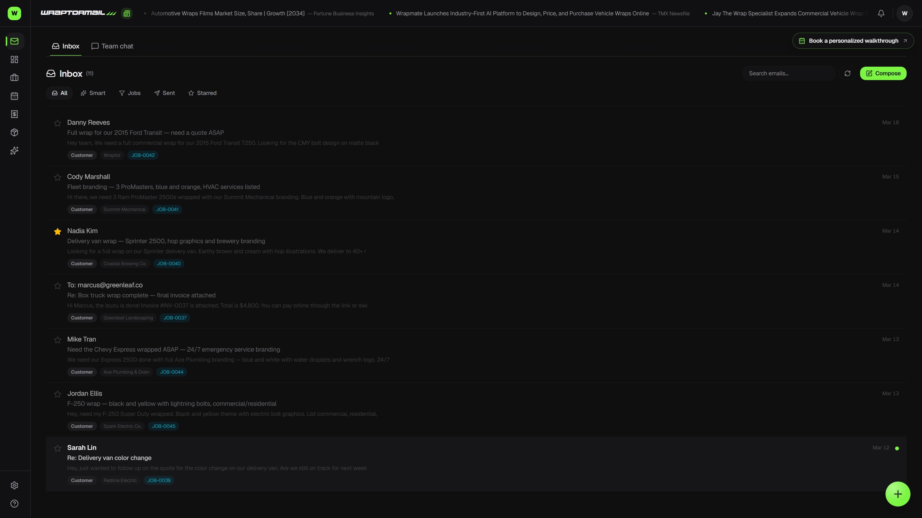 WraptorMail shared inbox showing AI-tagged emails for a fleet inquiry, customer reply, and vendor shipment (dark mode)