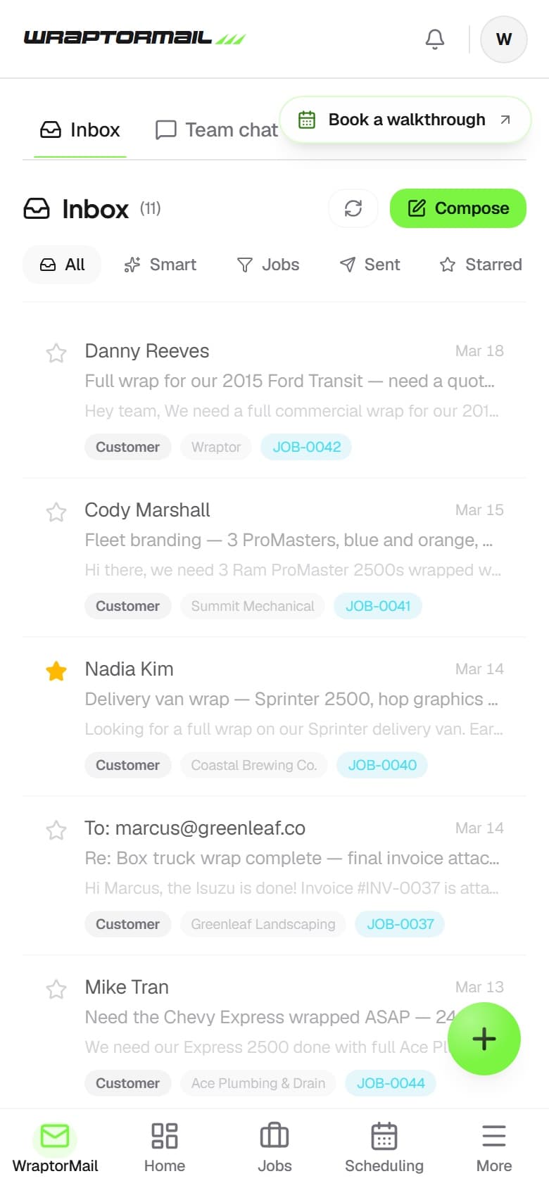WraptorMail shared inbox showing AI-tagged emails for a fleet inquiry, customer reply, and vendor shipment (mobile)