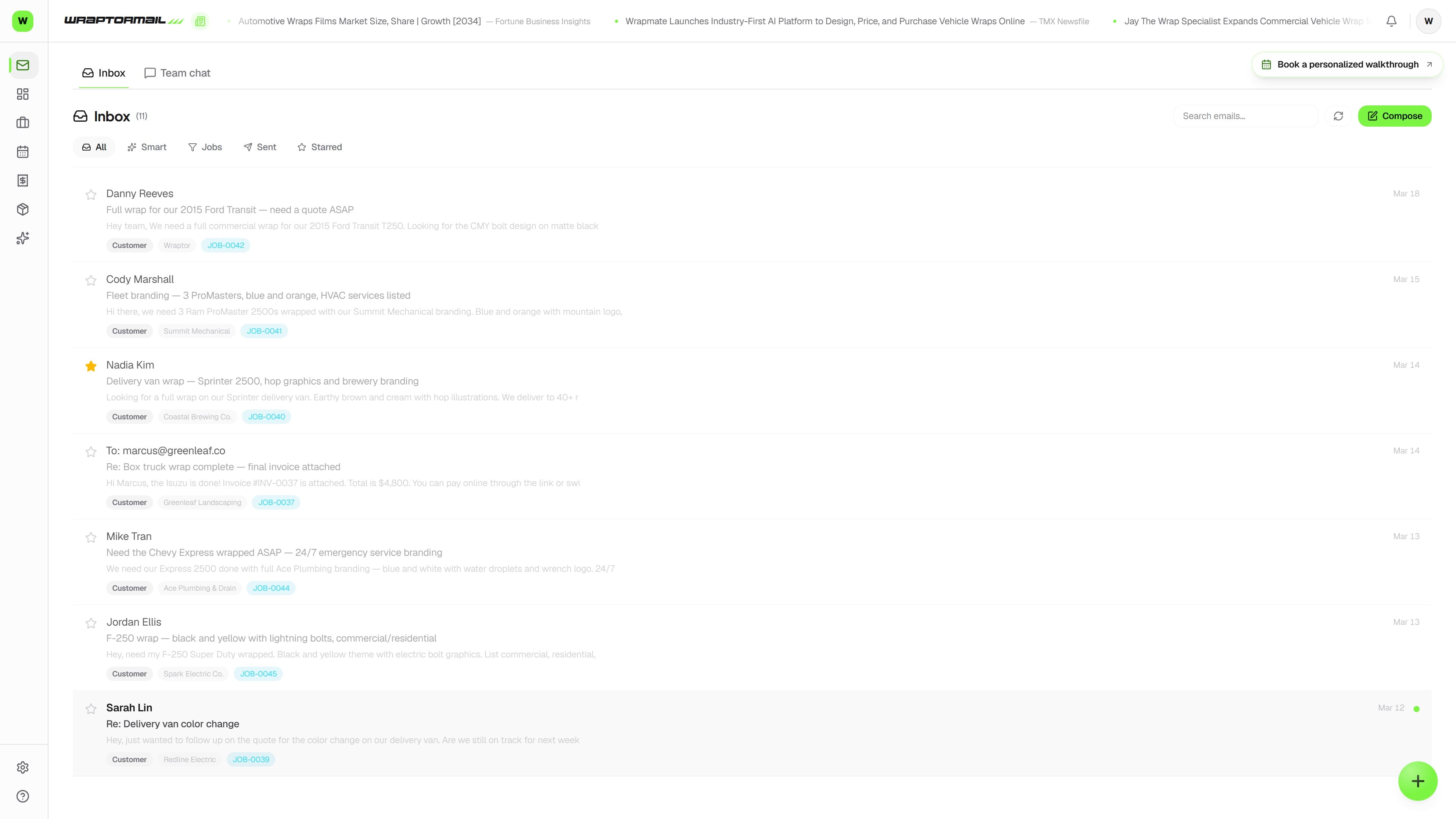 WraptorMail shared inbox showing AI-tagged emails for a fleet inquiry, customer reply, and vendor shipment