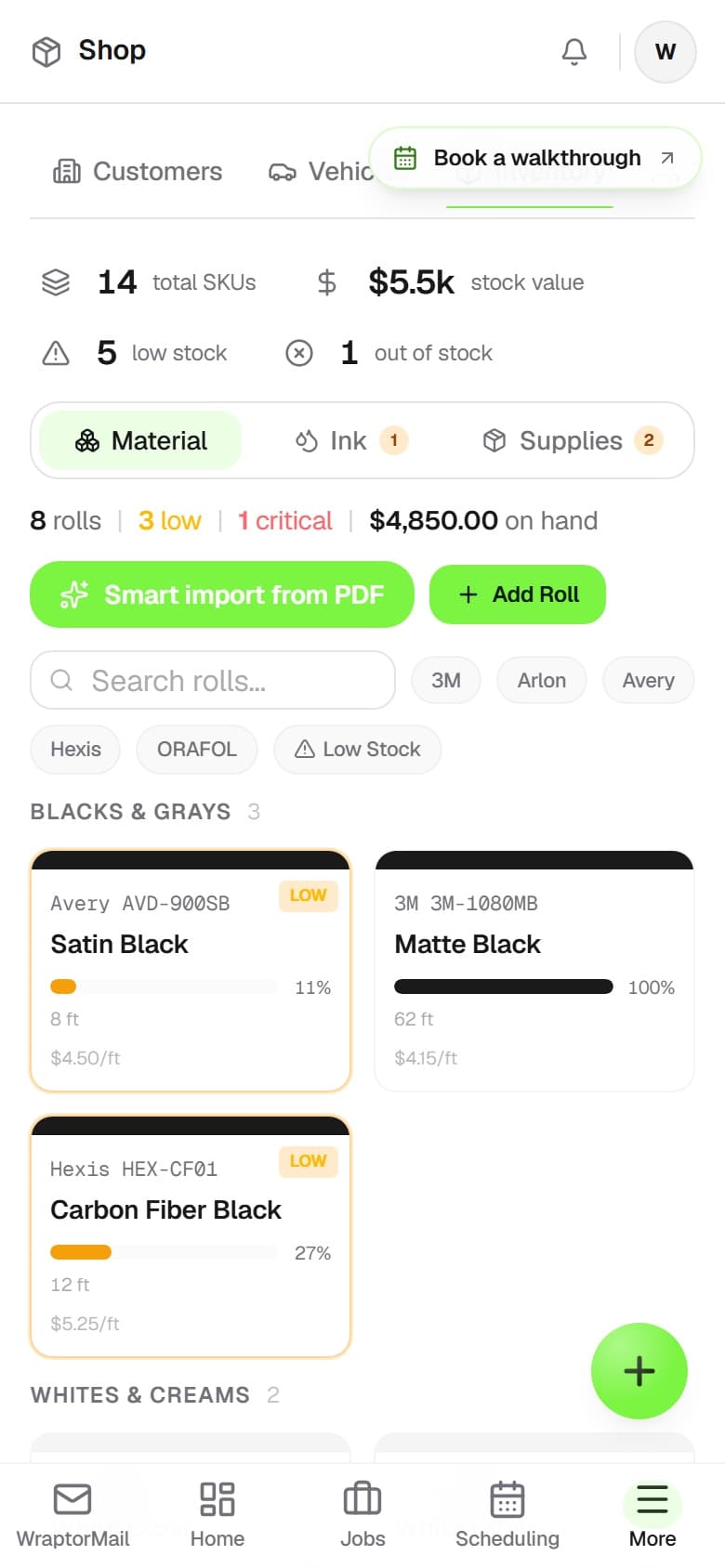 Wraptor inventory screen showing vinyl rolls by brand, color, and remaining footage (mobile)