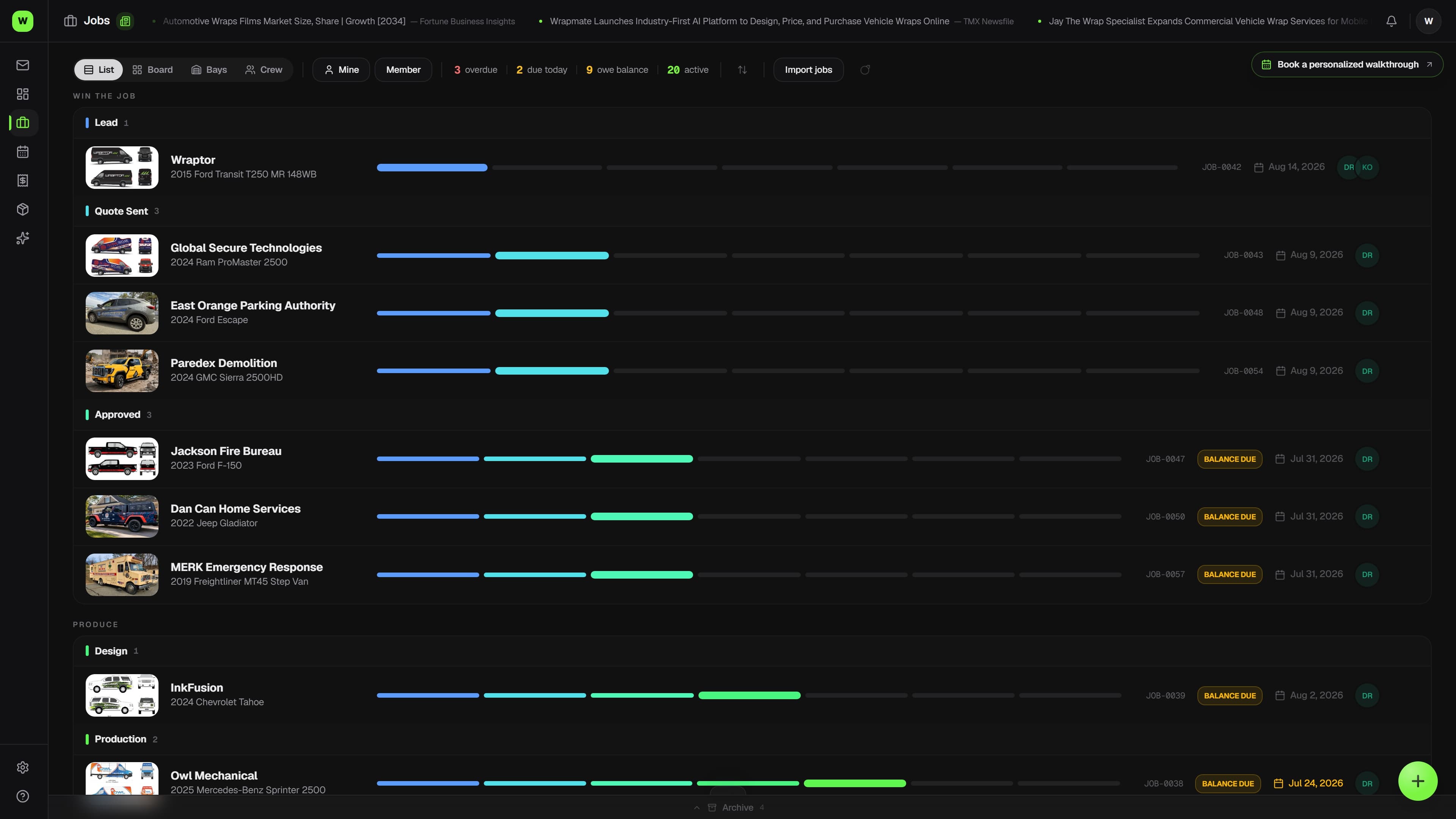 Wraptor job board with wrap, PPF, and color-change jobs (dark mode)
