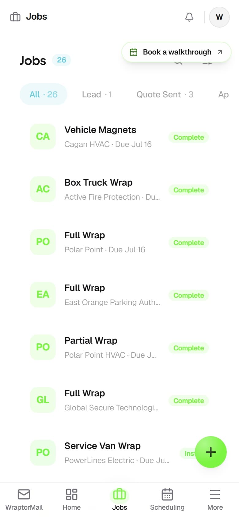 Wraptor job board with wrap, PPF, and color-change jobs (mobile)