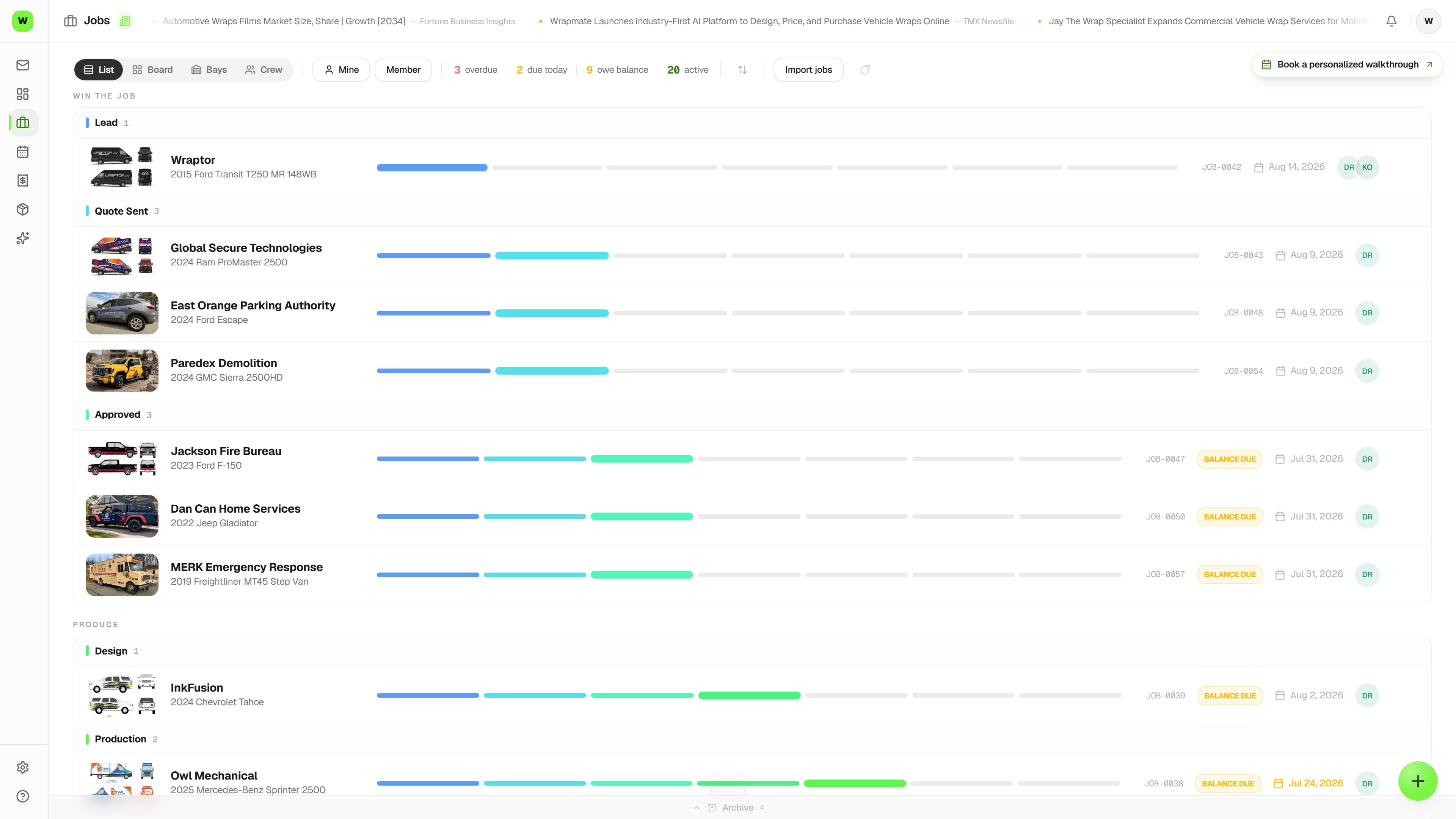 Wraptor job board with wrap, PPF, and color-change jobs