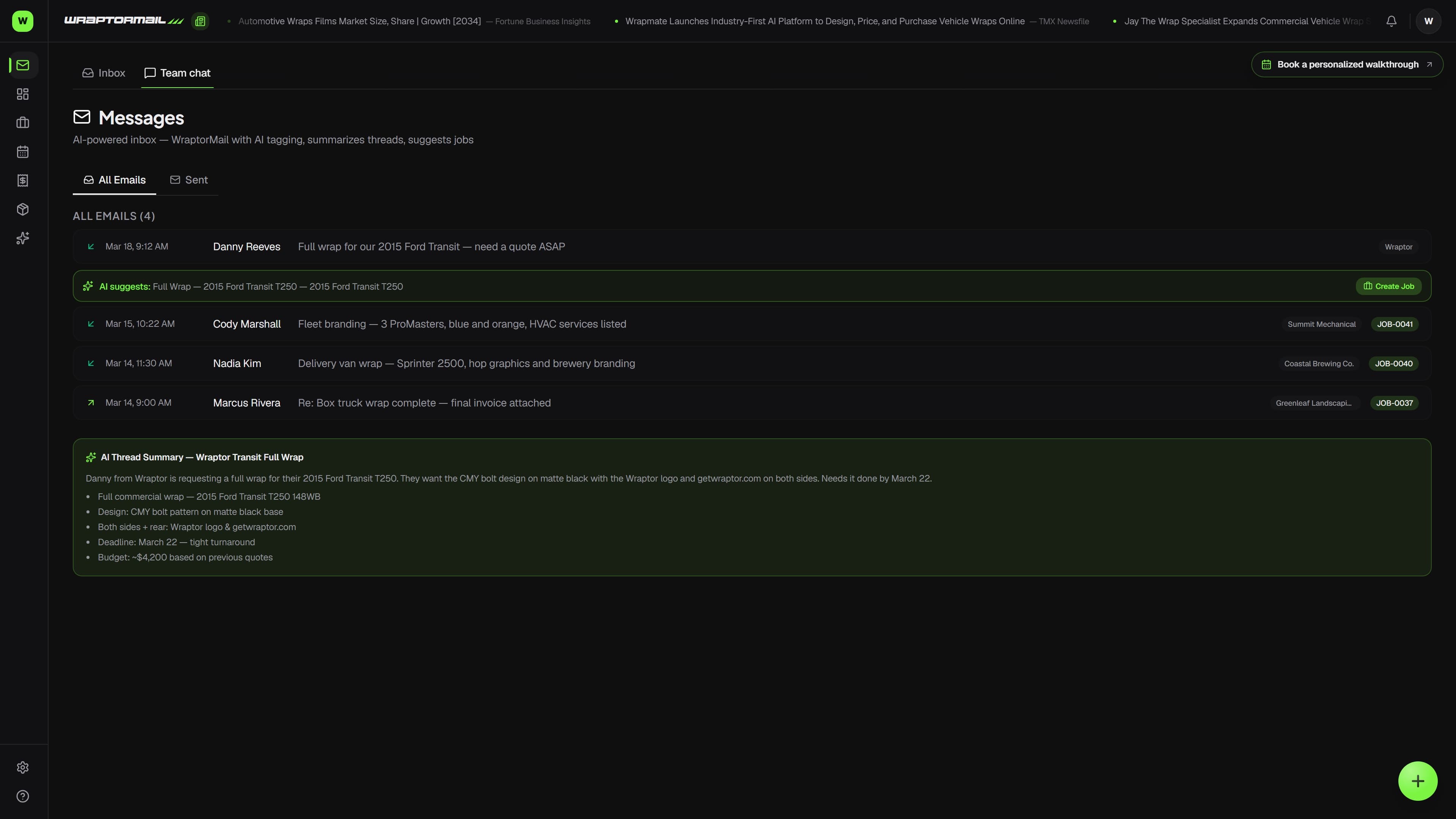 Wraptor Messages page showing an email thread linked to a customer and job, with team chat channels (dark mode)