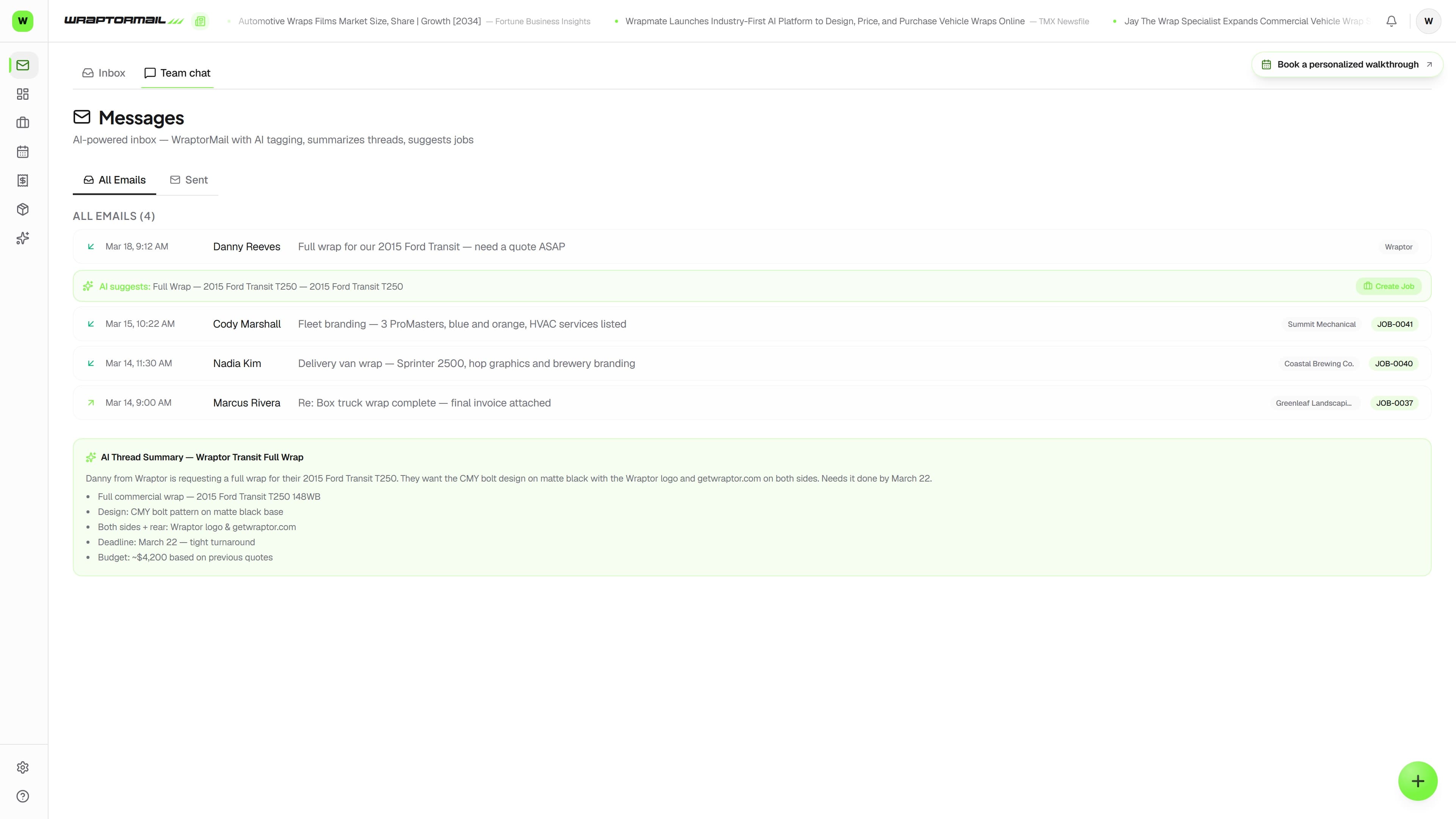 Wraptor Messages page showing an email thread linked to a customer and job, with team chat channels