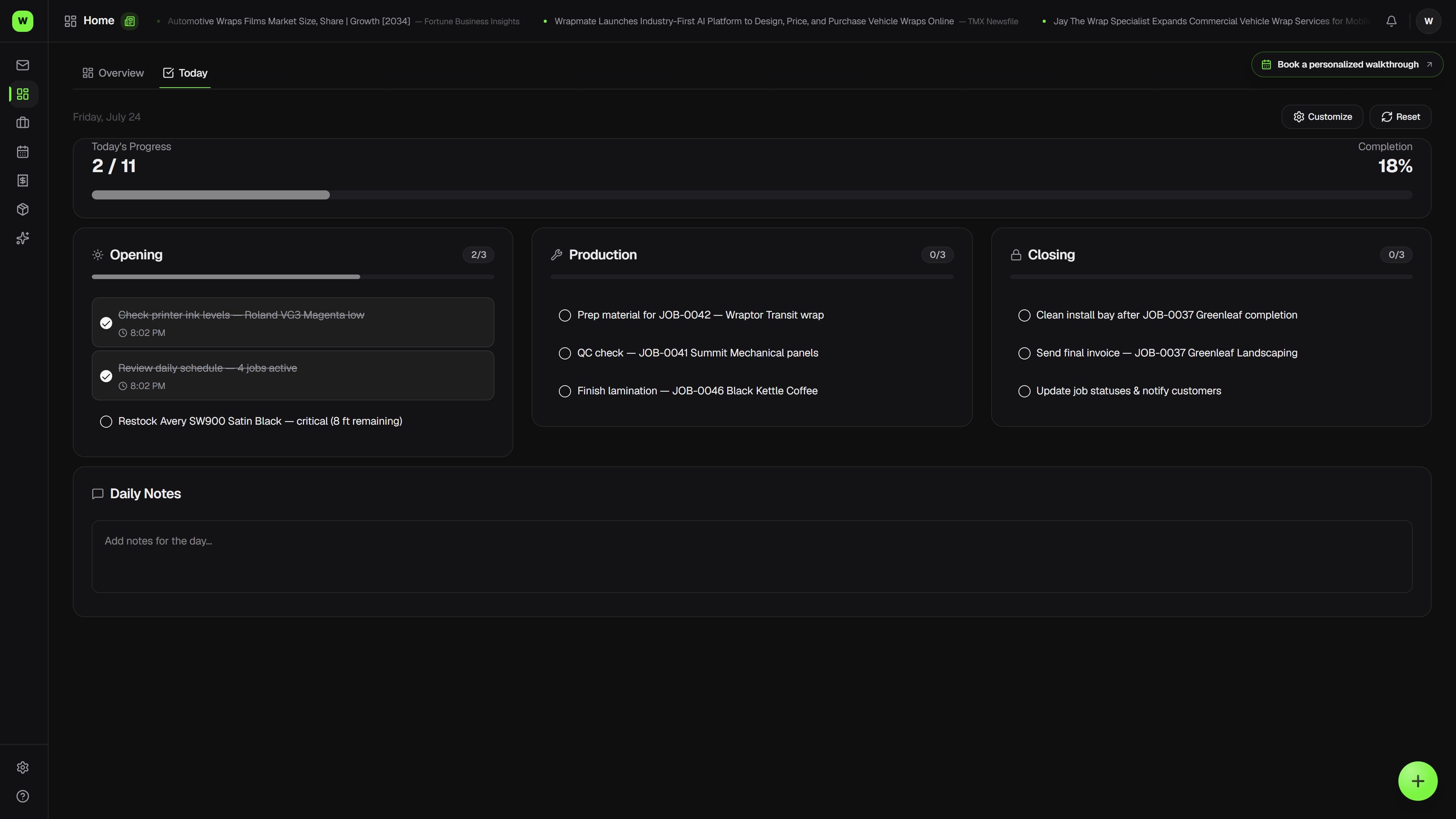 Wraptor Daily Ops screen showing Opening, Production, and Closing checklists with progress bars (dark mode)