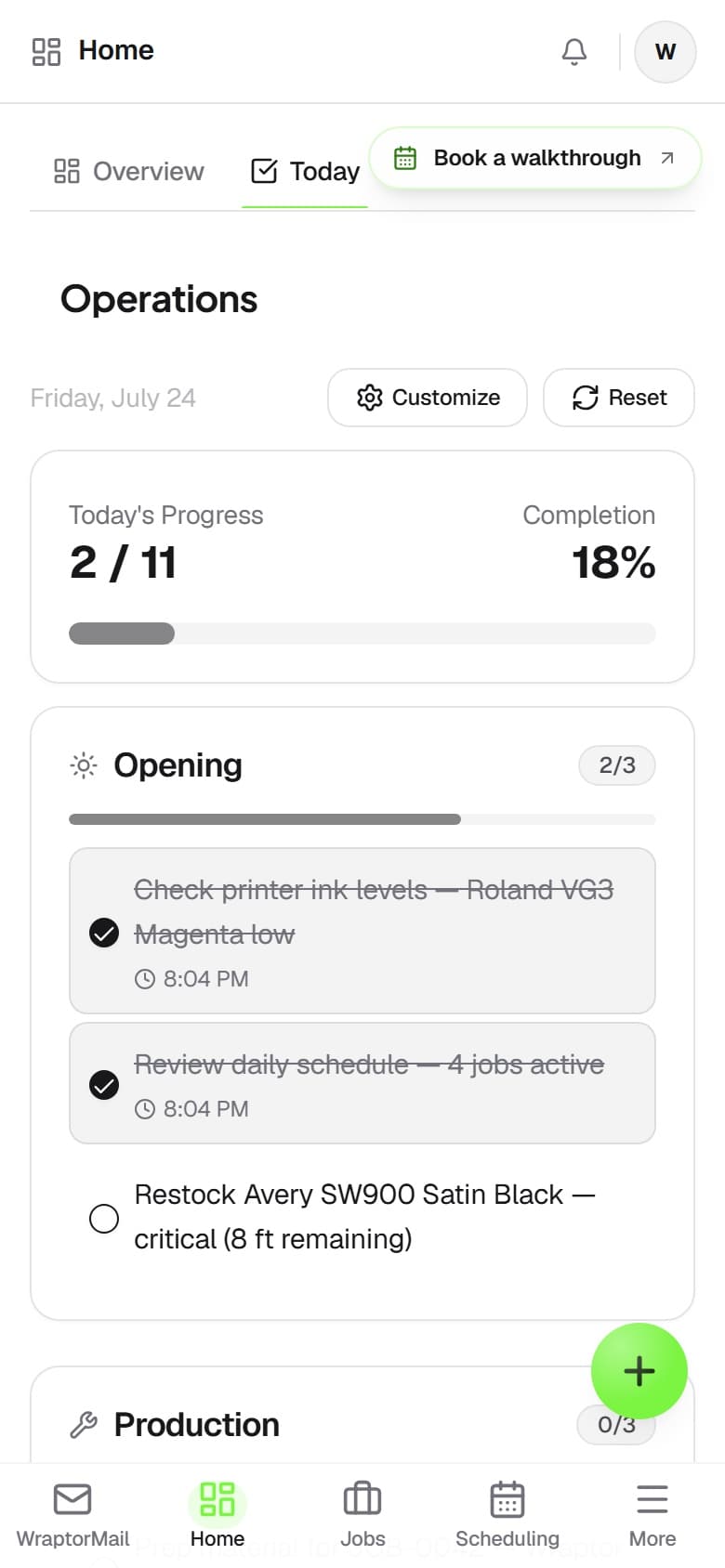 Wraptor Daily Ops screen showing Opening, Production, and Closing checklists with progress bars (mobile)