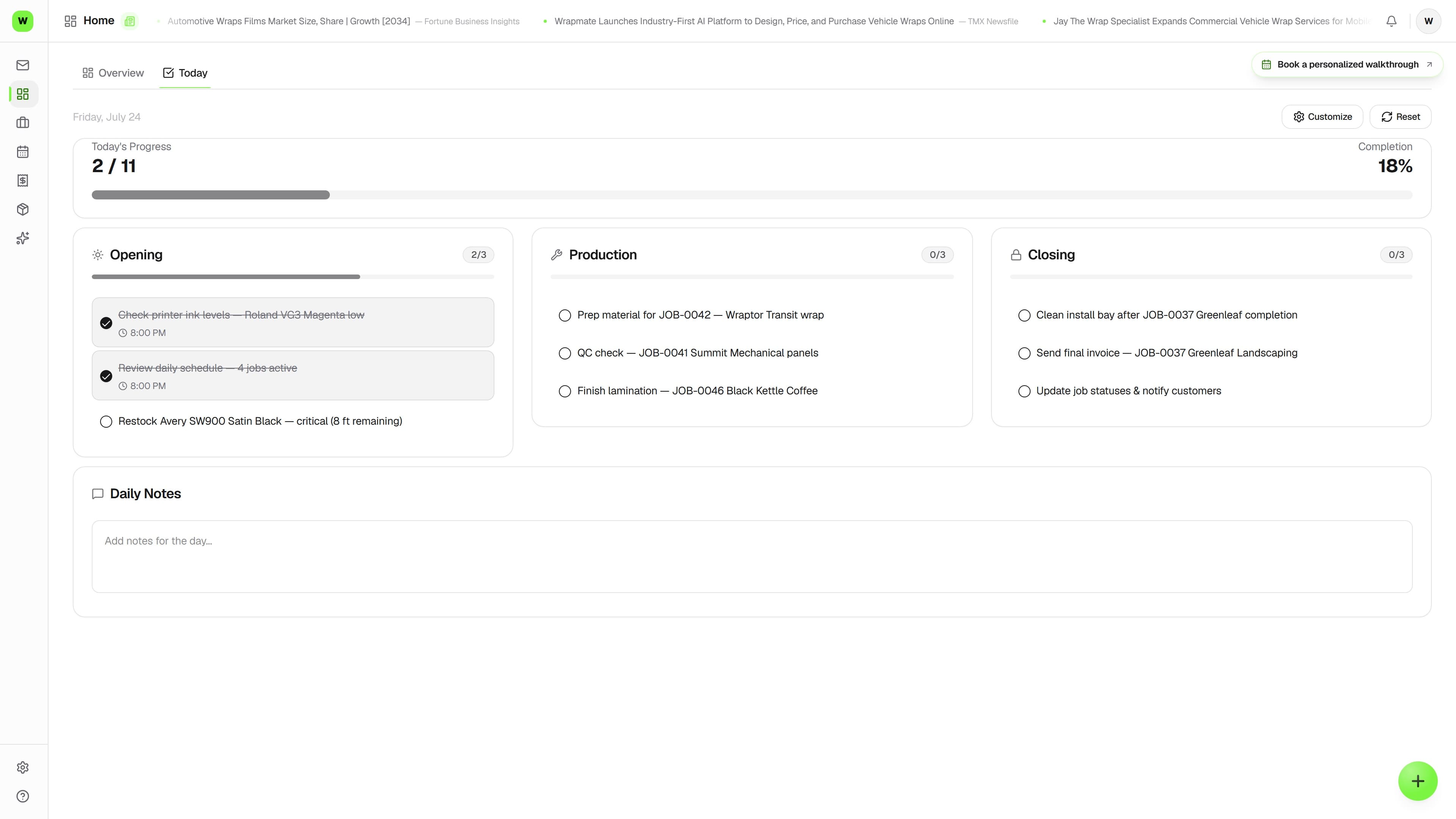 Wraptor Daily Ops screen showing Opening, Production, and Closing checklists with progress bars