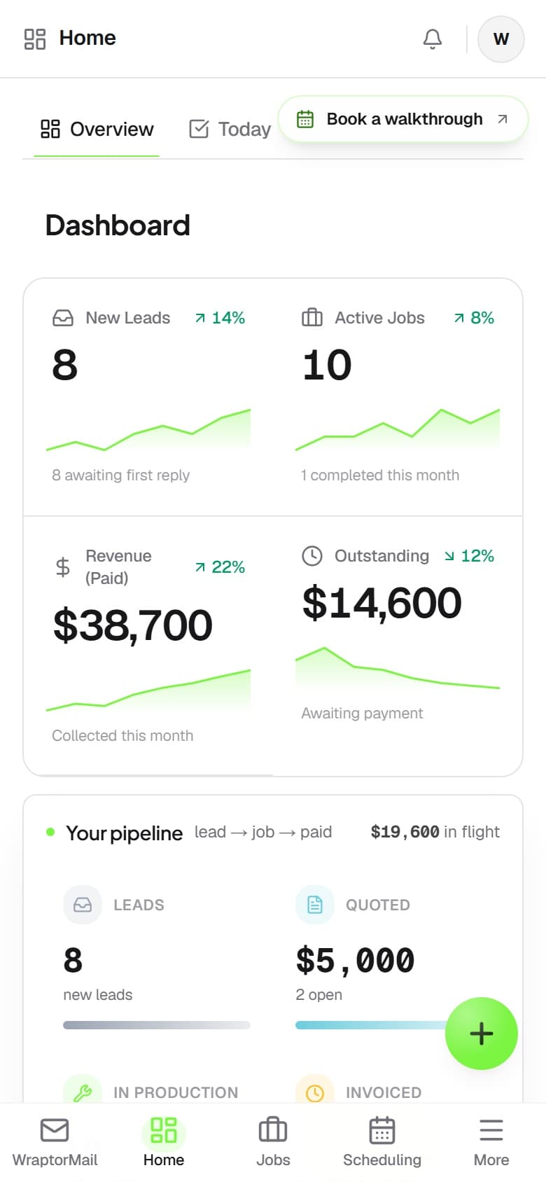 Wraptor intelligence dashboard showing AI-generated lead detection, follow-up drafts, and invoice parsing suggestions (mobile)