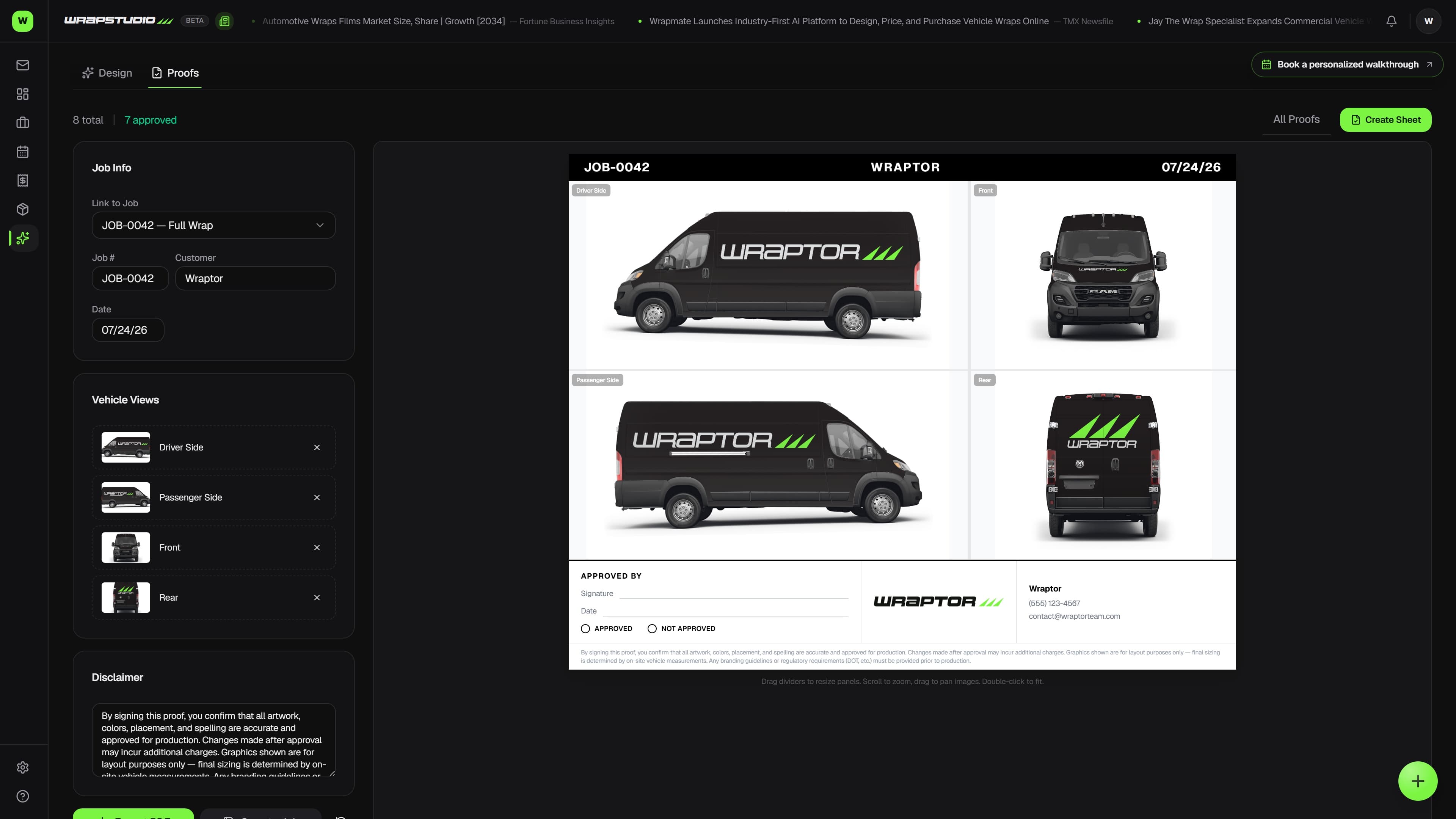 Wraptor proofing view with pinned client comments on a wrap mockup (dark mode)