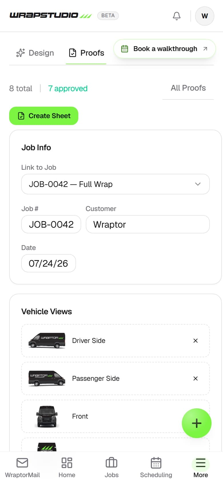 Wraptor proofing view with pinned client comments on a wrap mockup (mobile)