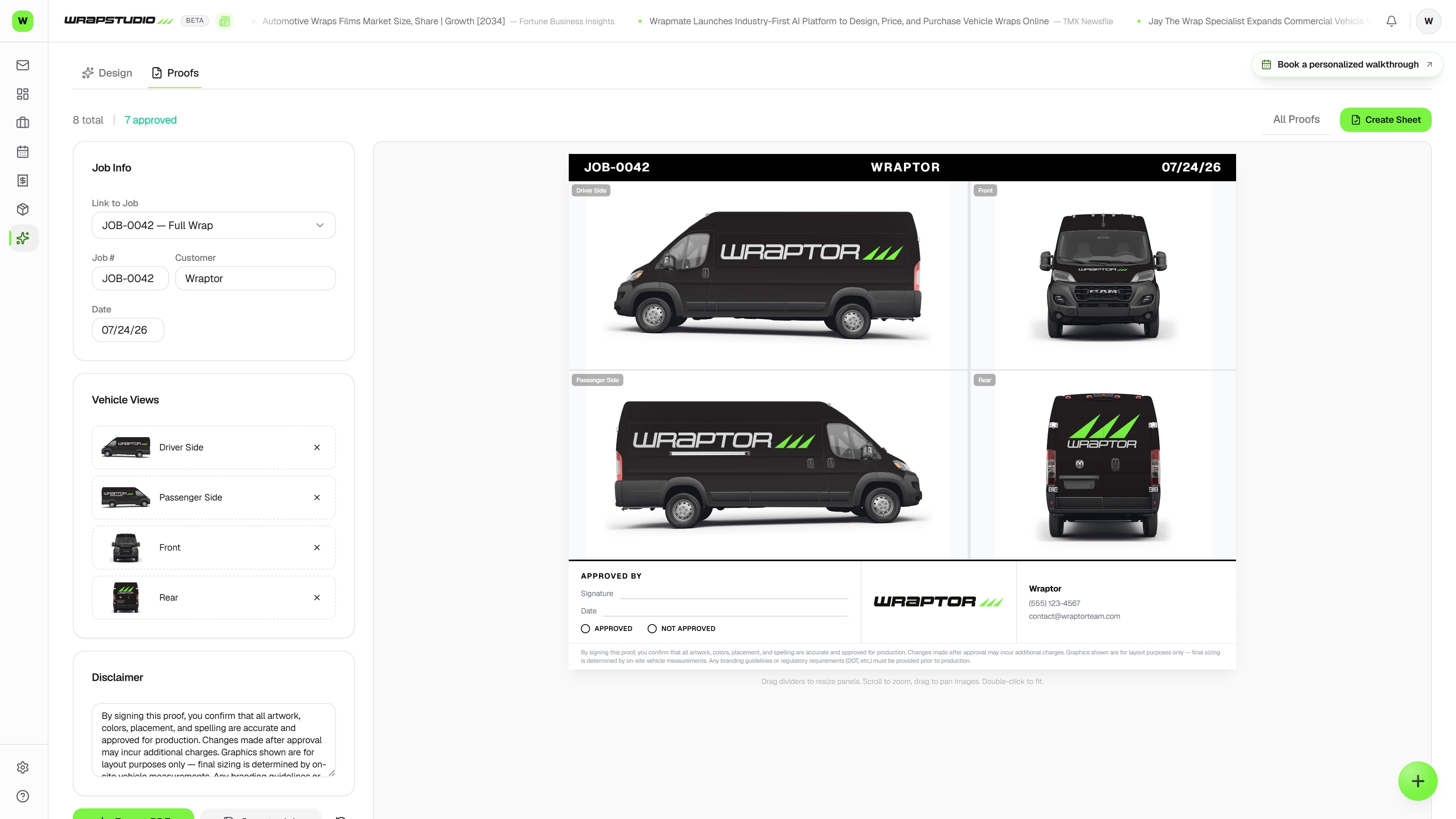 Client proofing — the real Wraptor screen