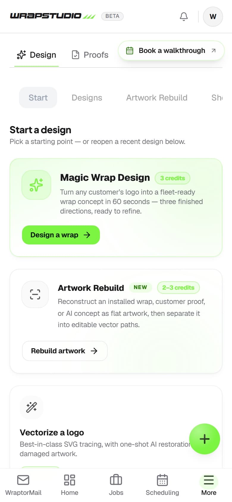 Wraptor Wrap Studio interface showing AI background swap on a vehicle wrap install photo (mobile)