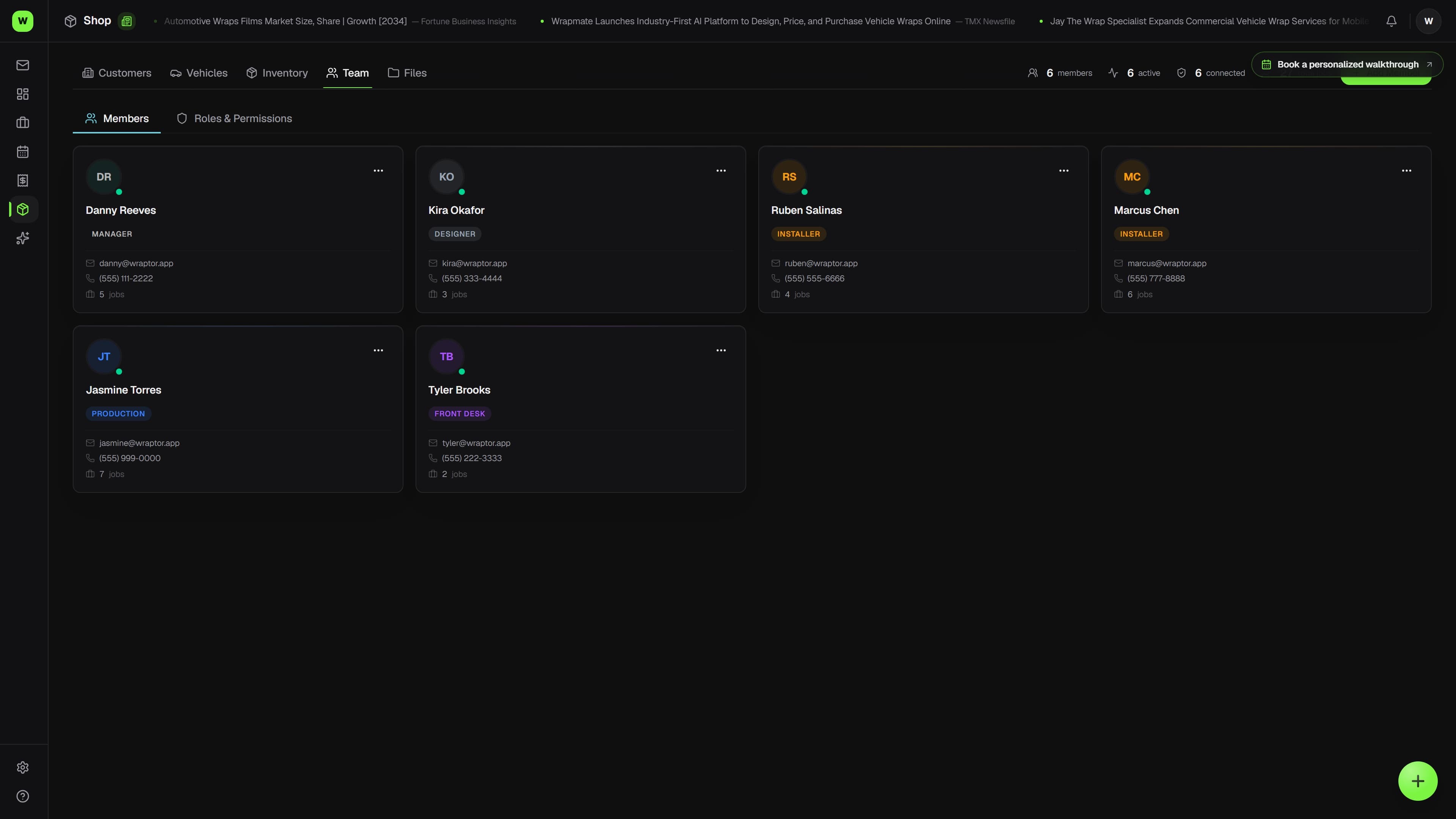 Wraptor team management dashboard showing role assignments, installer schedule, and workload distribution (dark mode)
