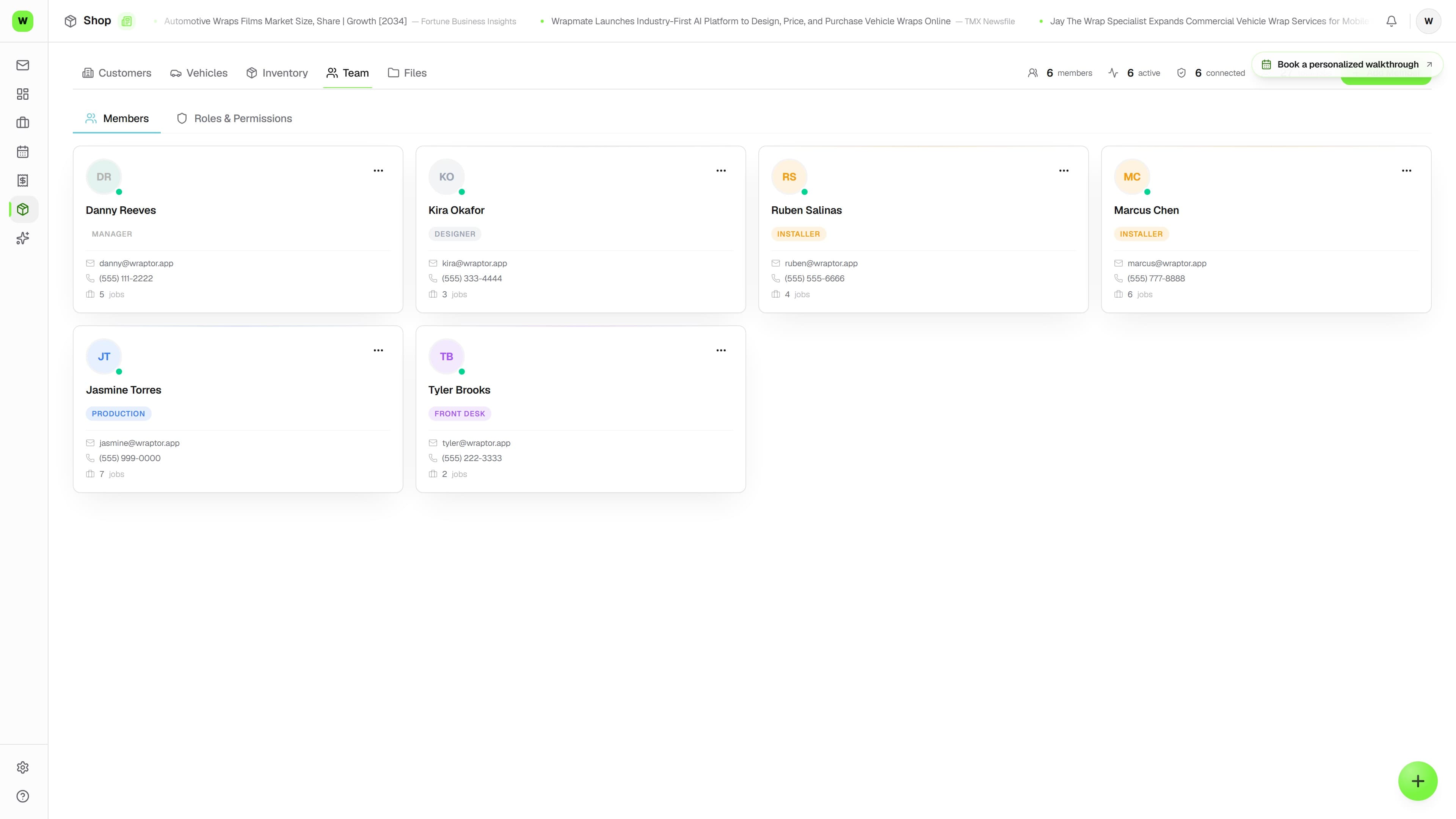 Wraptor team management dashboard showing role assignments, installer schedule, and workload distribution
