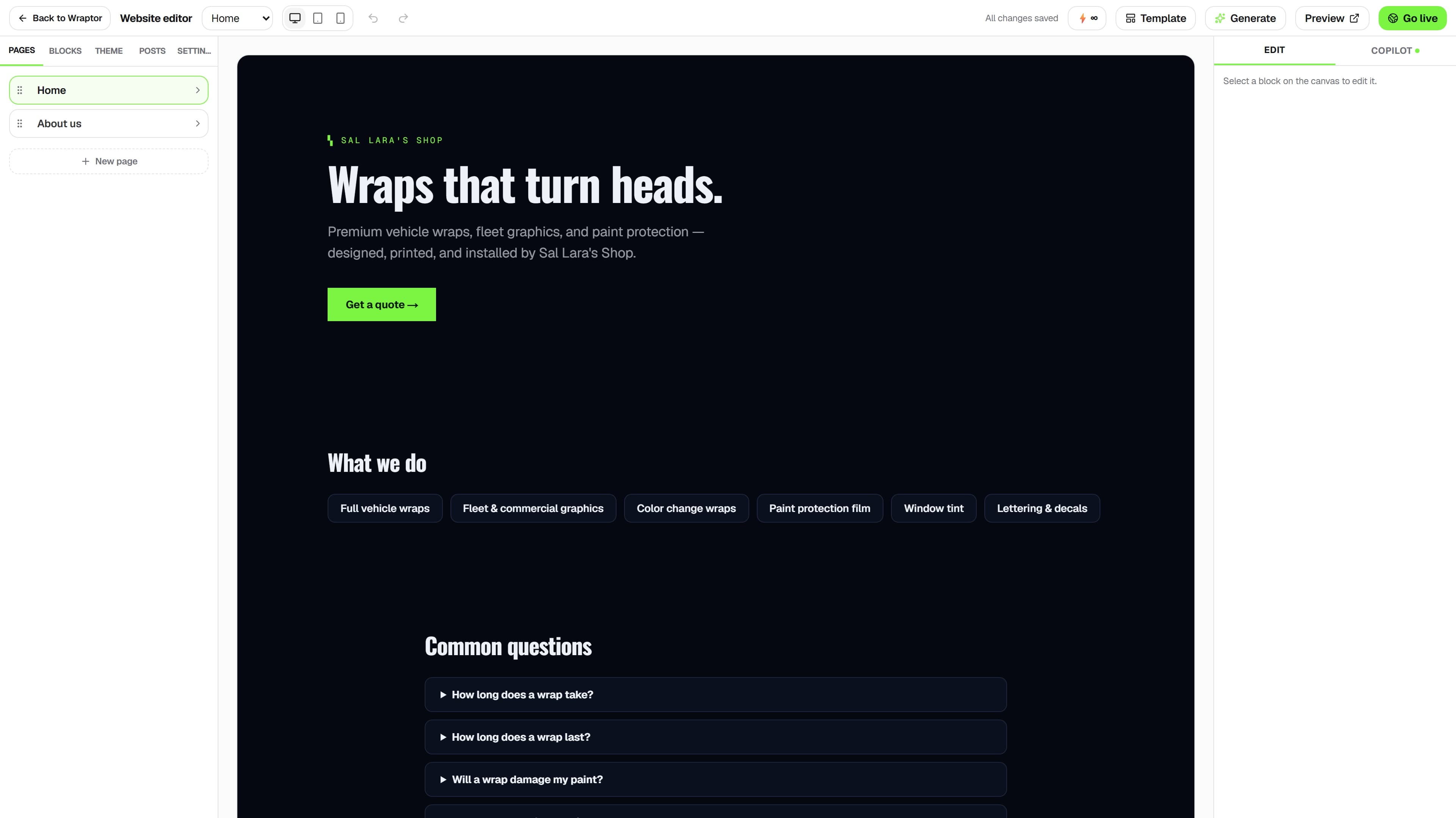 Website builder in Wraptor
