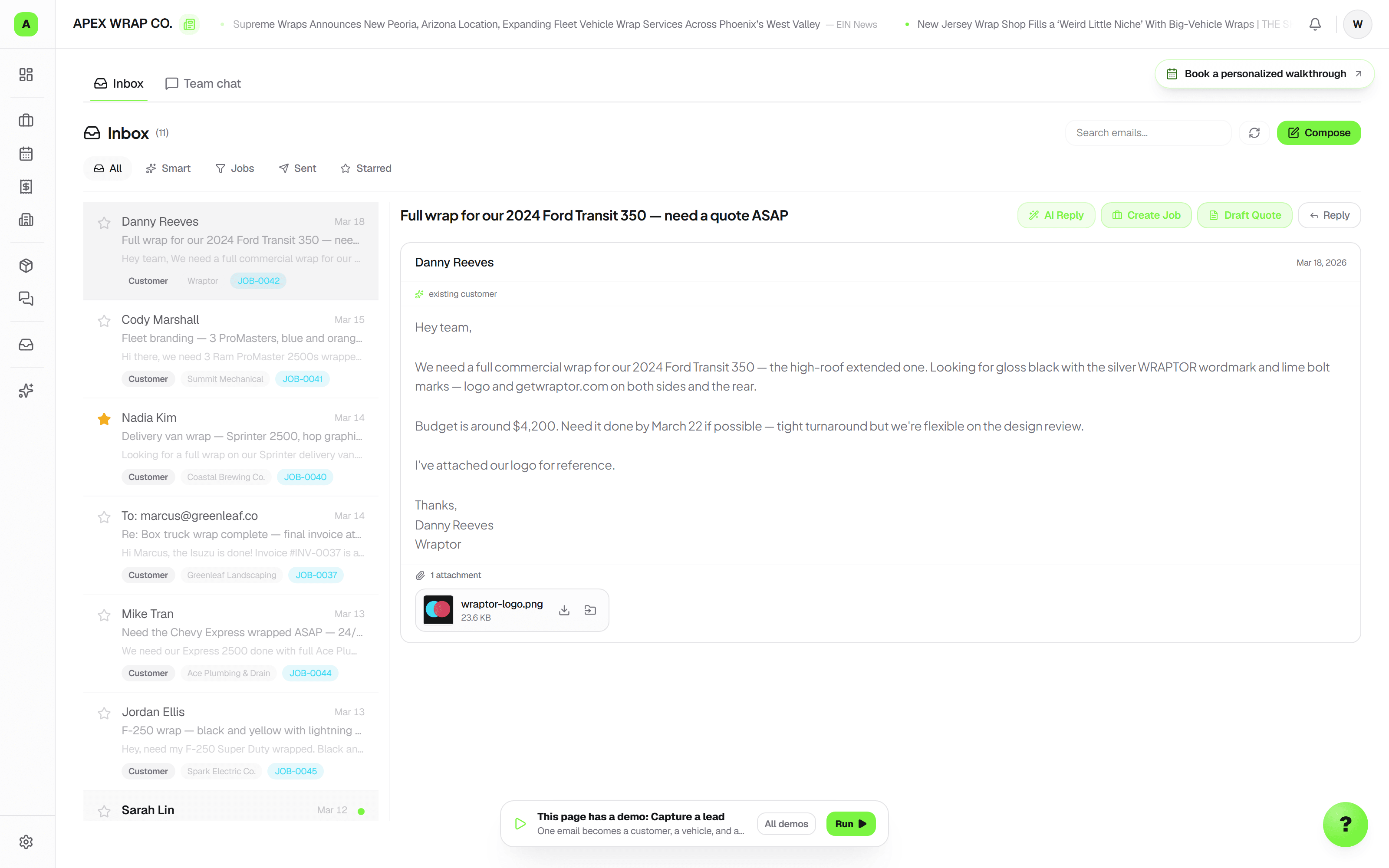 Wraptor inbox with customer conversations and lead details
