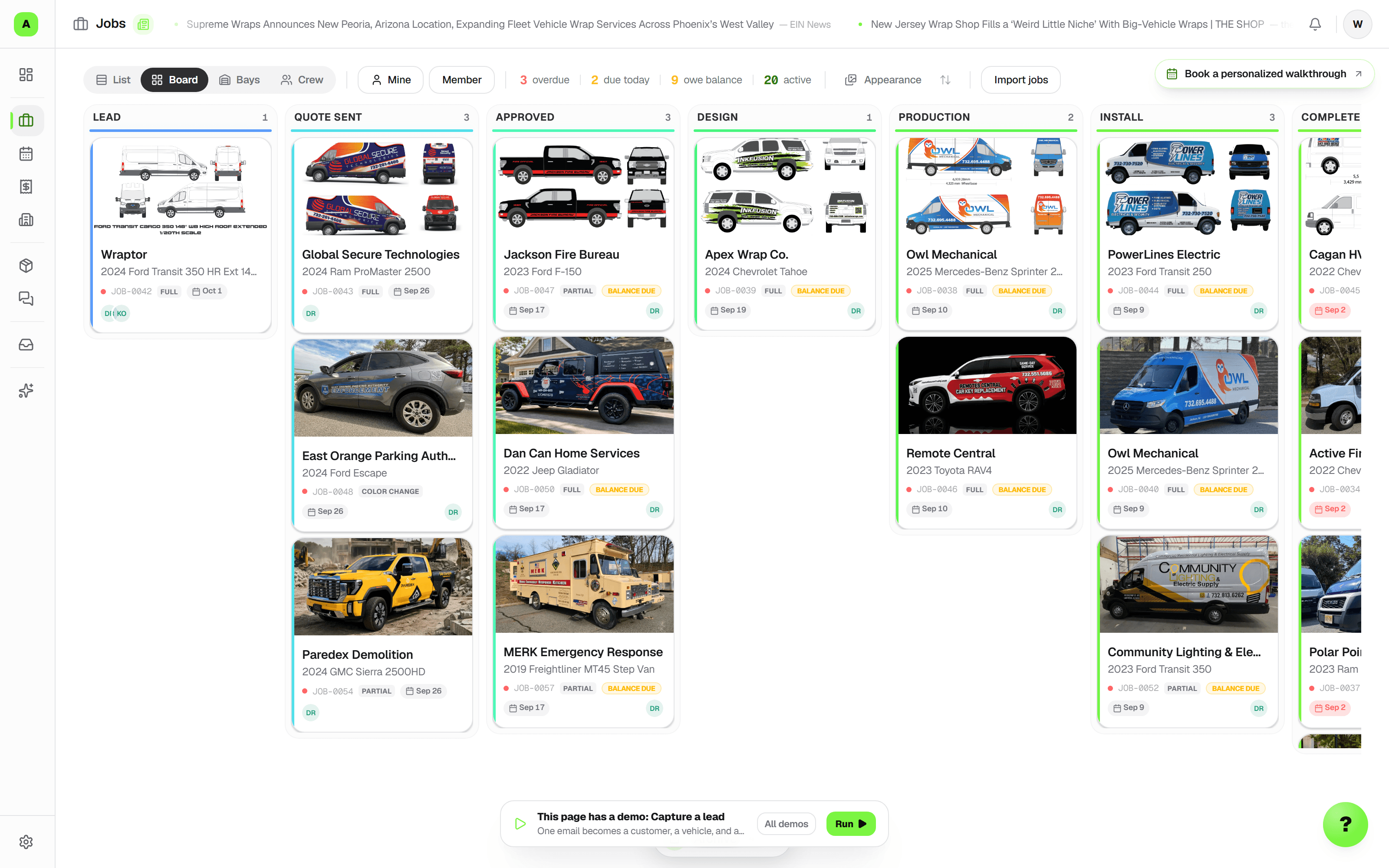 The Wraptor job board with design, production, and installation stages