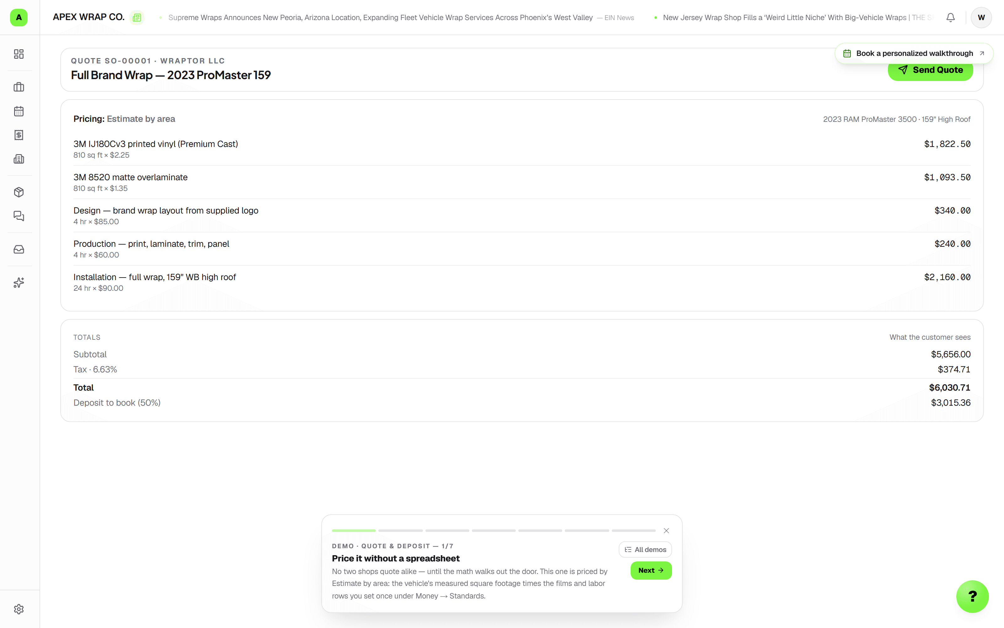 Wraptor quoting workspace for itemized customer estimates