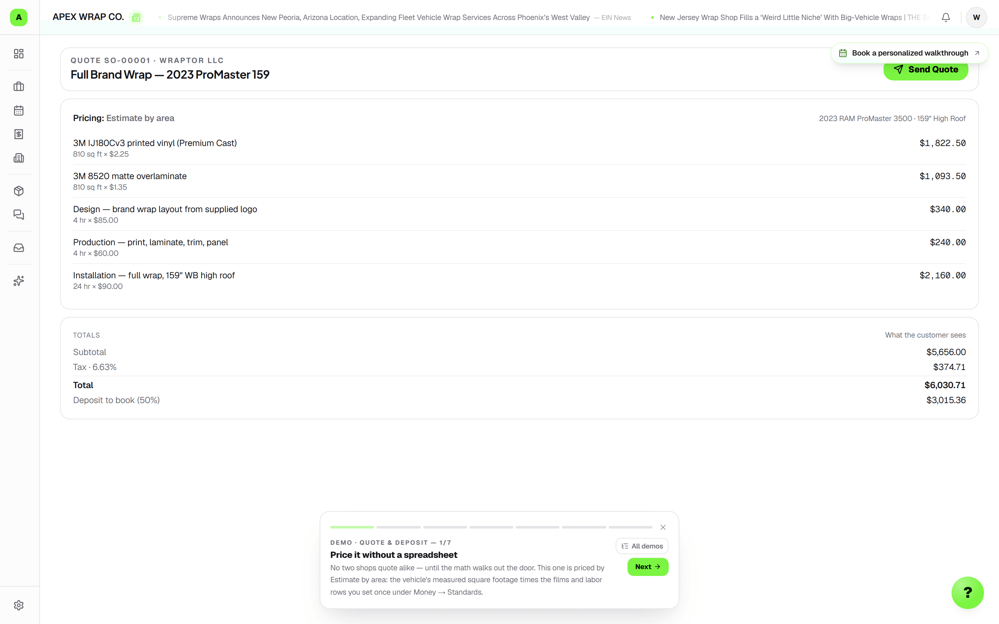 Wraptor quote with itemized products and pricing